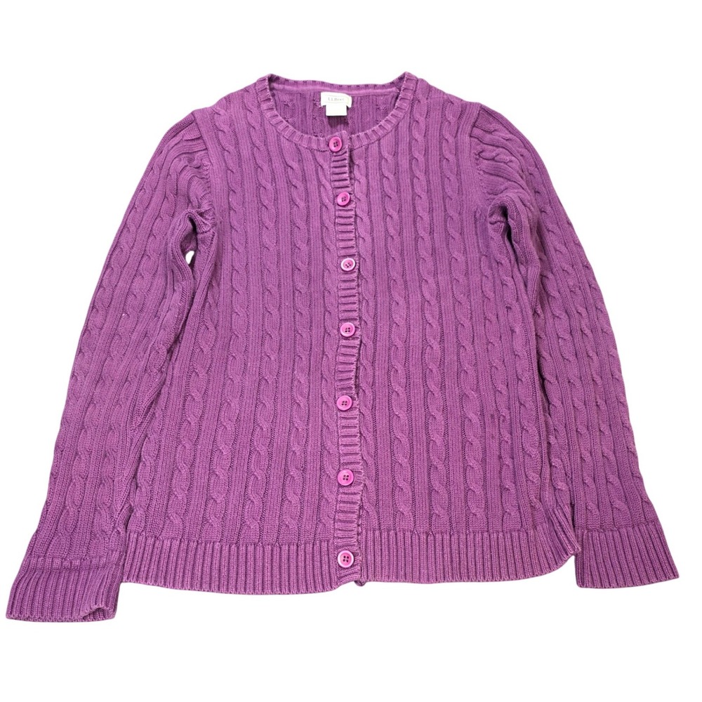 L.L. Bean Cable Knit Cotton Cardigan Sweater Women's Size M Purple  Button Front
